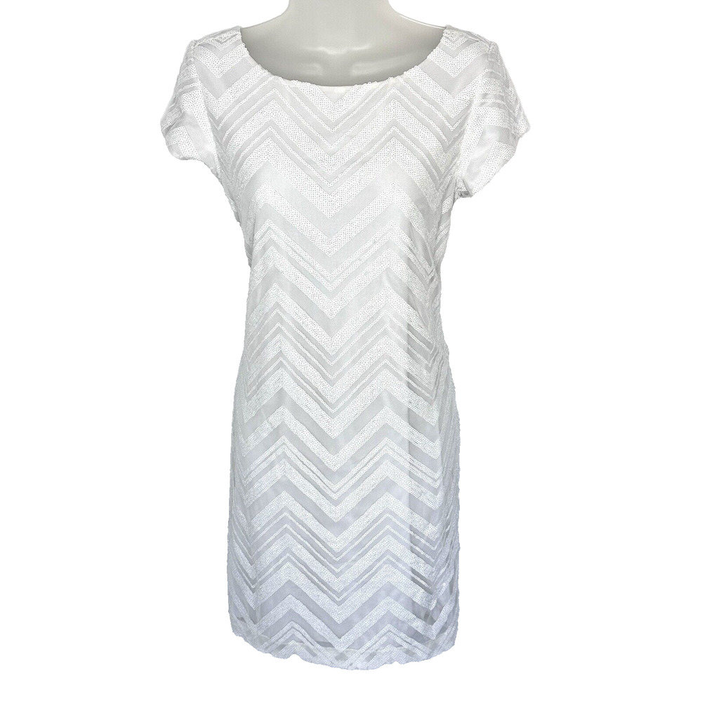 White House Black Market Shift Dress White Sequin Mesh Chevron Bridal Size M